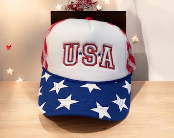 USA Embroidered Patriotic Trucker Hat | Red White Blue Foam Hat | Stars and Stripes Snapback