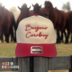 Bonjour Cowboy Embroidered Hat – Western Otto Twill Trucker Cap, Cowgirl Aesthetic Hat, Funny Summer Hat