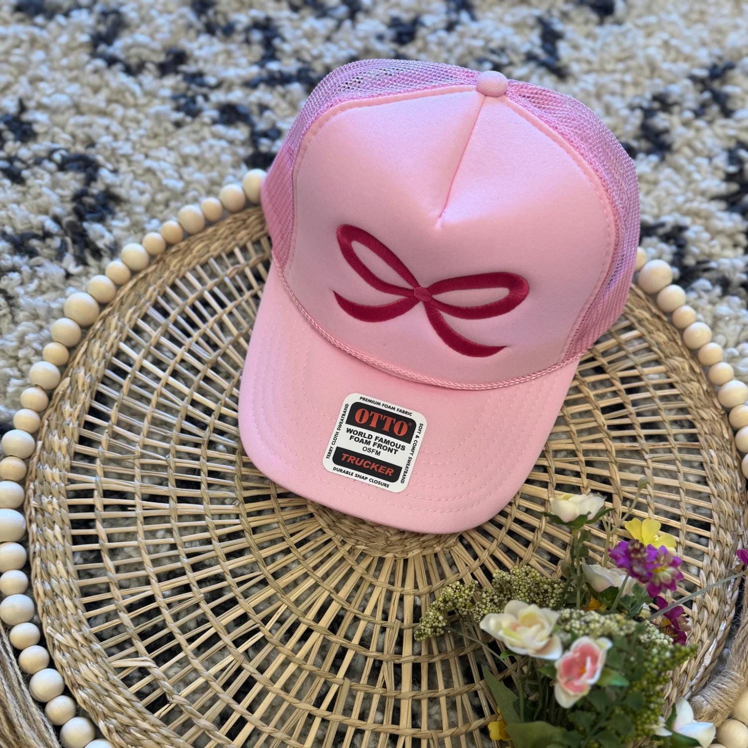Embroidered Bow Trucker Hat – Otto Foam Cap, Y2K Coquette 