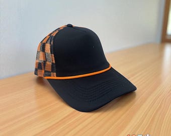 Blank Foam Trucker Hat – Black & Orange Checkered Mesh Back – Otto Adjustable Snapback – DIY Embroidery and Patches Hat