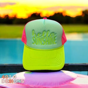 Hello Sunshine Hat – Neon Trucker Hat with Embroidery – Foam Cap, Summer Beach Hat