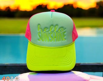 Hello Sunshine Embroidered Trucker Hat – Neon Foam Cap, Summer Style