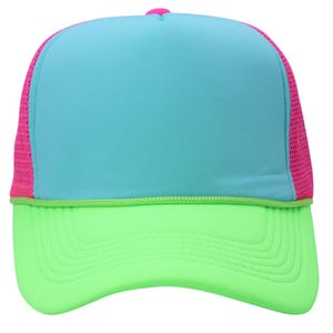 May include: A trucker hat featuring a bright light blue foam front panel, a vibrant neon green brim with stitched detailing, and hot pink mesh side and back panels. A thin neon green cord trim separates the front panel from the brim.