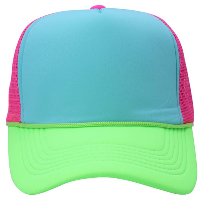 May include: A trucker hat featuring a bright light blue foam front panel, a vibrant neon green brim with stitched detailing, and hot pink mesh side and back panels. A thin neon green cord trim separates the front panel from the brim.
