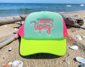 Tanned and Tipsy Trucker Hat – Embroidered Tri Color Neon Foam Snapback, Funny Beach Hat for Summer