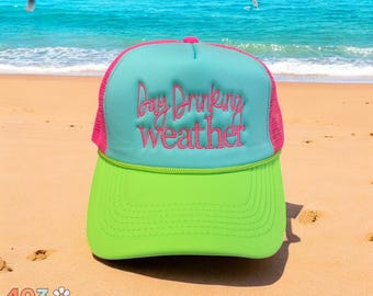 Custom Neon Trucker Hat | Day Drinking Weather | Neon Pink, Green & Blue | Neon Retro Beach Hat, Summer Snapback