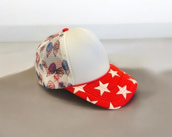 Blank Patriotic Trucker Hat, Red or Blue Star Brim Hat, USA Bow Mesh Hat, Blank Hat for Embroidery, Boutique Hat Bar Cap