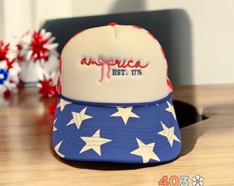 America EST. 1776 Trucker Hat – Patriotic Stars & Stripes Foam Hat – 4th of July Embroidered Otto Cap – USA Mesh Hat for Women