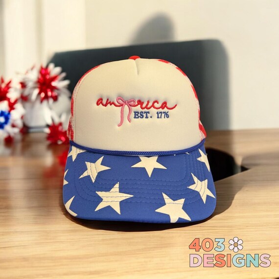 “Celebrate America” Patriotic Trucker Hat with American Flag - Red, White & Blue Way To Celebrate Americana Baseball Cap Red White Blue Adult  main image 3