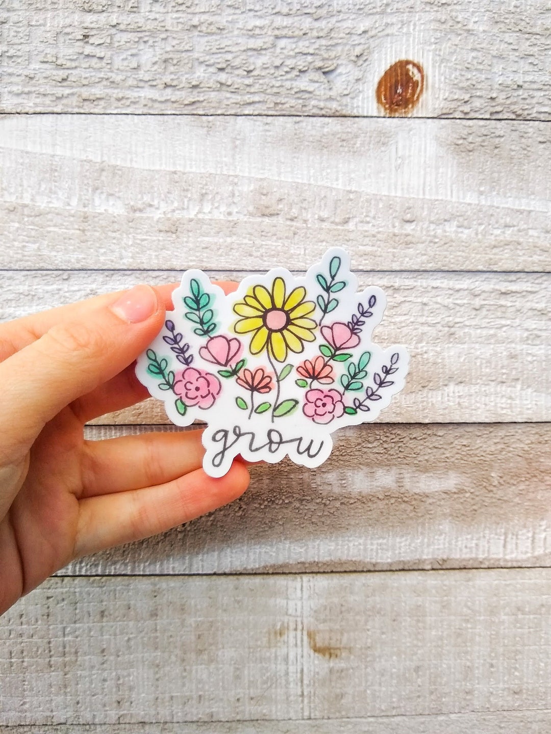 Grow Floral Hand-designed Sticker, Hand Drawn Design, Waterproof Matte ...