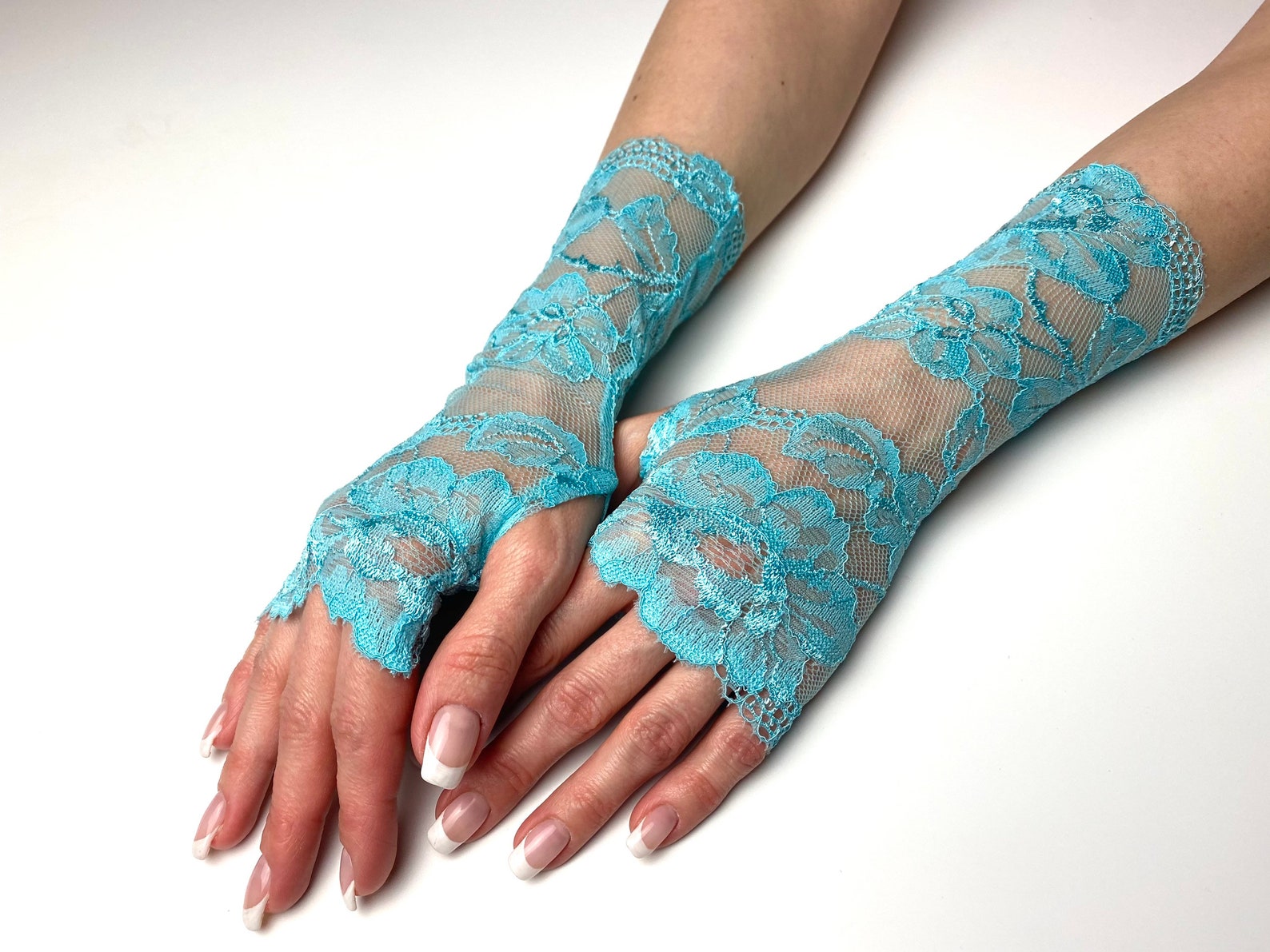 Light blue lace gloves 8.7 22 cm Stretchy fingerless Etsy