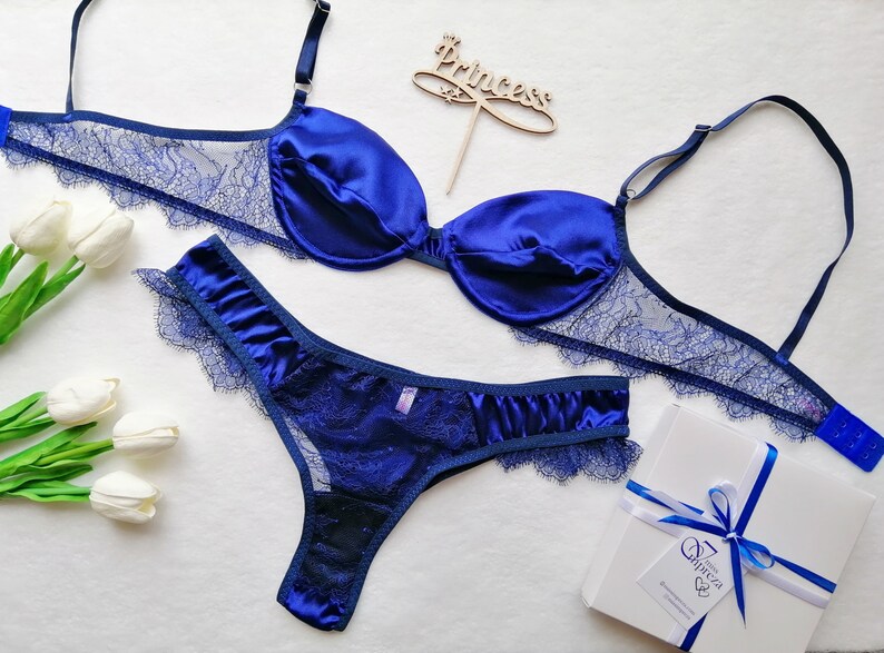 Royal blue lingerie set Blue satin lingerie Lace lingerie Etsy