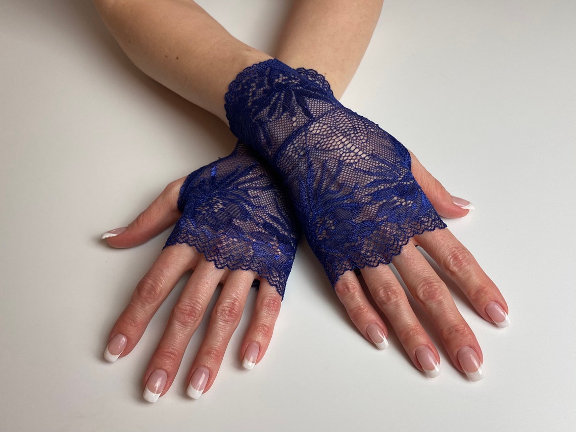 Navy blue lace gloves 6.7 17 cm Stretchy fingerless Etsy