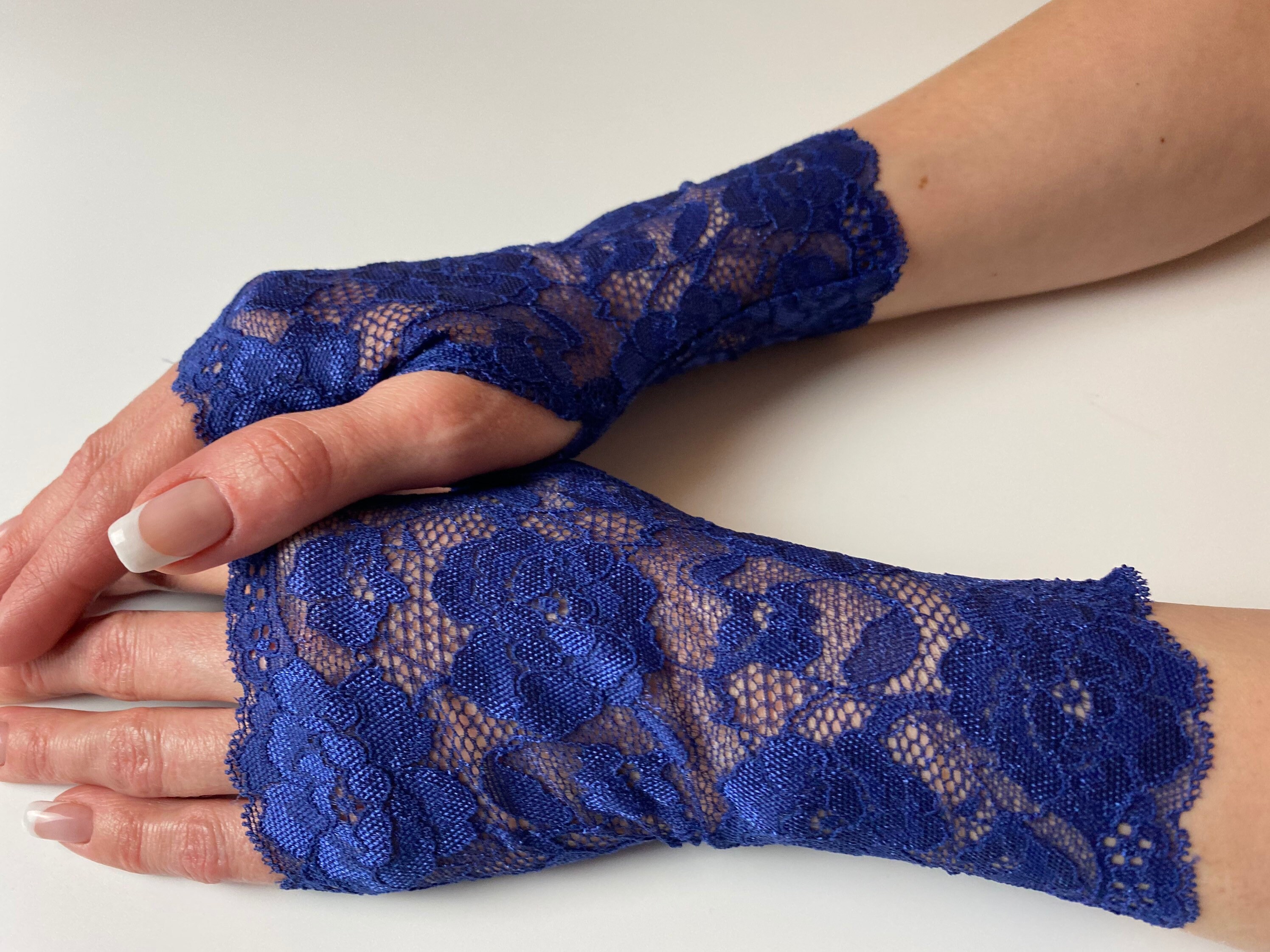 Navy Blue Lace Gloves 6.7 17.5 Cm Stretchy Etsy UK