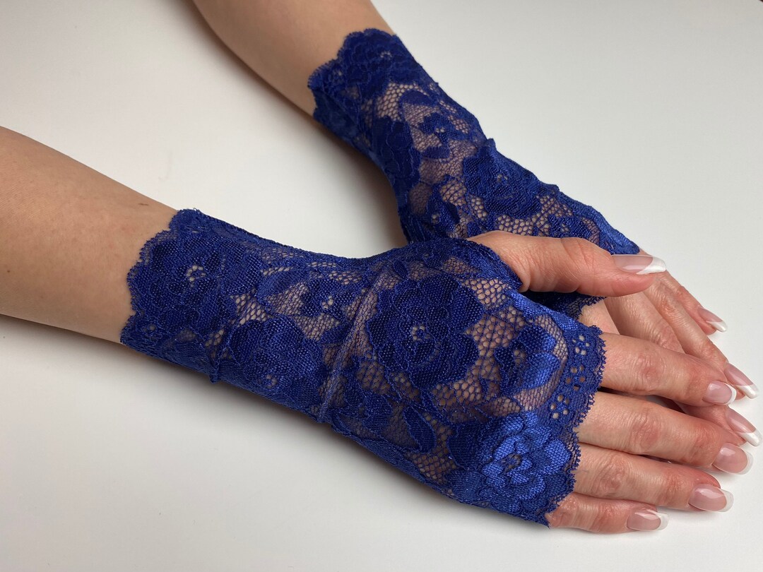 Navy Blue Lace Gloves 6.7 17.5 Cm Stretchy Etsy