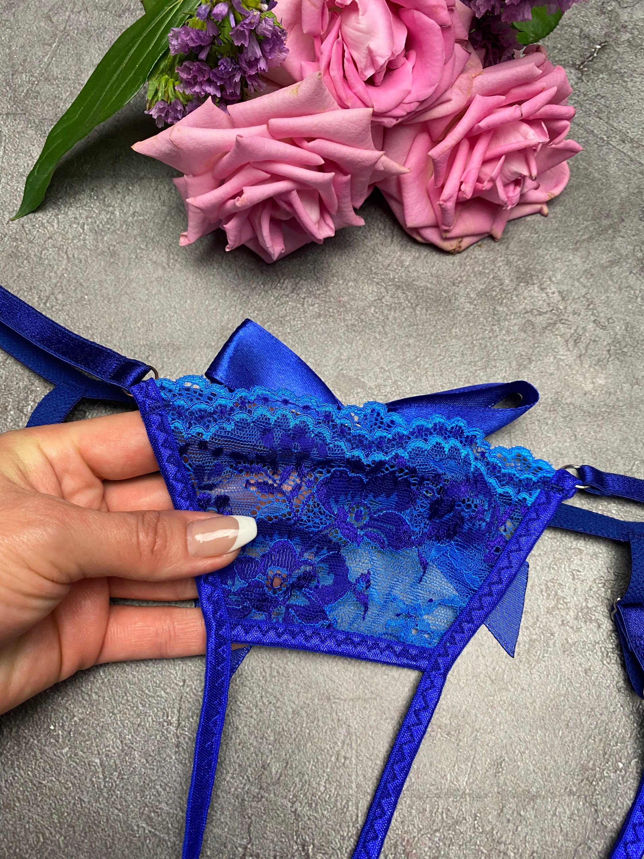 Royal Blue Crotchless Panties With Bow Open Back Lace Panty Etsy