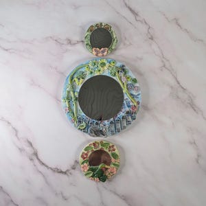 Handmade Ceramic Garden Mirrors: Cat, Butterfly, Hummingbird - Set of 3
