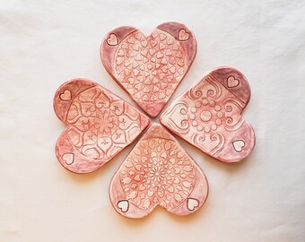 Ceramic Valentine heart dish, Love gift for jewelry, Heart dish with mandala designs, Ring trinket or soap bowl, Heart shape multi use plate