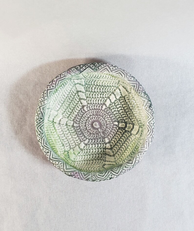 Handmade ceramic dish with vintage crochet design for jewelry or soap Cottagecore storage Small round pottery utility plate candle holder