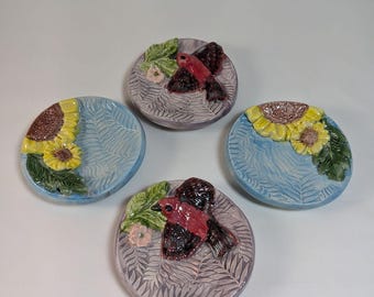 Ceramic Scarlet Tanager Tea Bag Holder: Bird & Flower Decor