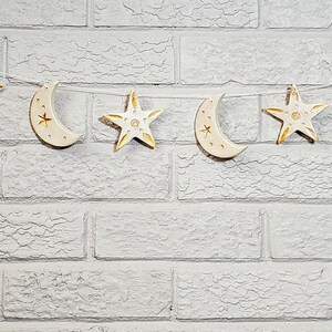 Adult or child crescent moon mobile Cottagecore night sky bunting Christmas decor celestial banner Ceramic moon and stars wall garland