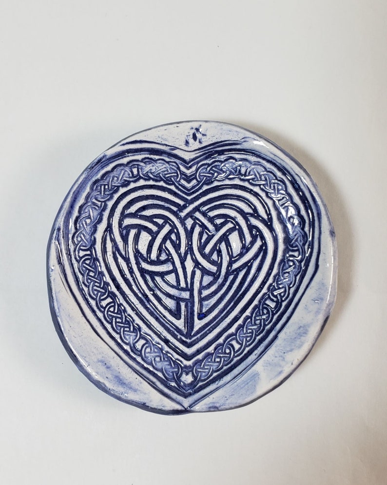 Ceramic Celtic or Irish tea bag holder, tea bag caddy Celtic heart knot, Love knot coffee spoon rest, Unity knot ring or jewelry dish Blue