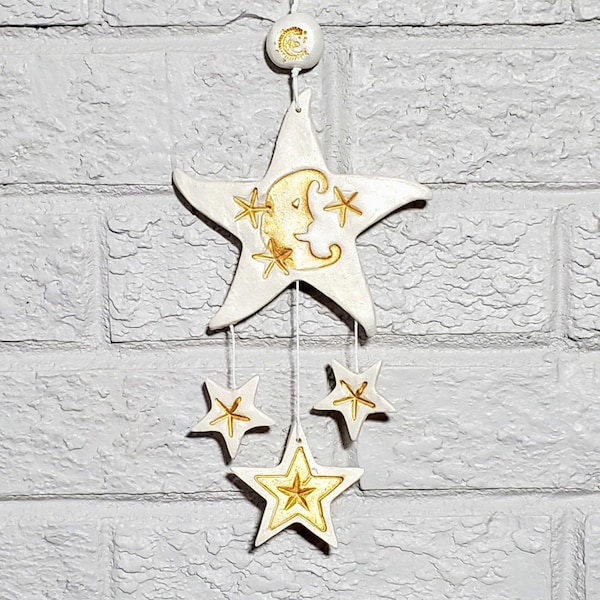 Ceramic celestial stars wall mobile, Gold night sky wall bunting, Christmas moon decor wind chime, Astrology wall hanging adult or child