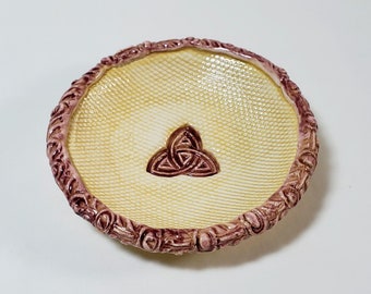 Ceramic Celtic Triskelion plate, Irish life symbol tan violet dish, Gaelic spiritual trinity bowl, Claddagh eternity symbol jewelry holder