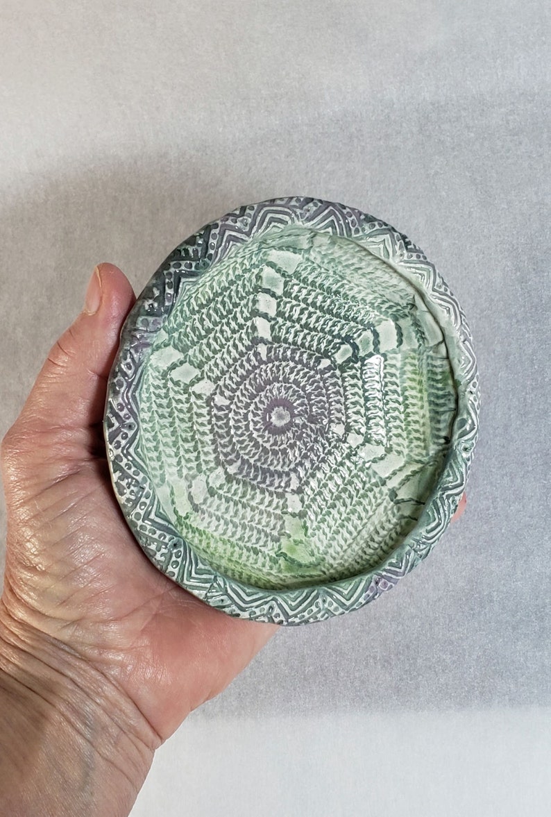Handmade ceramic dish with vintage crochet design for jewelry or soap Cottagecore storage Small round pottery utility plate candle holder