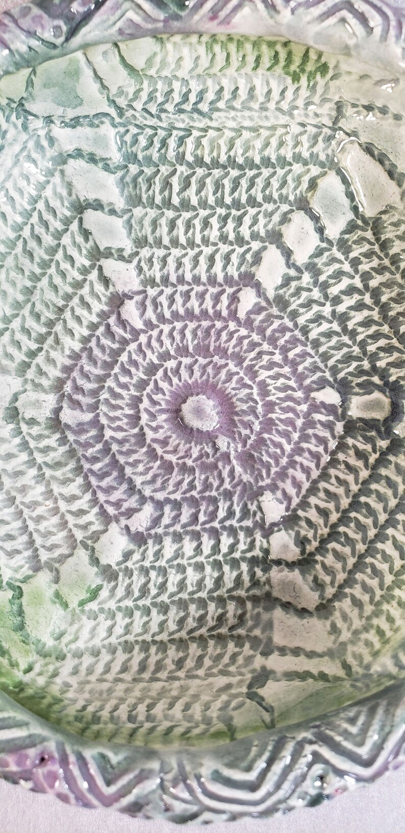 Handmade ceramic dish with vintage crochet design for jewelry or soap Cottagecore storage Small round pottery utility plate candle holder