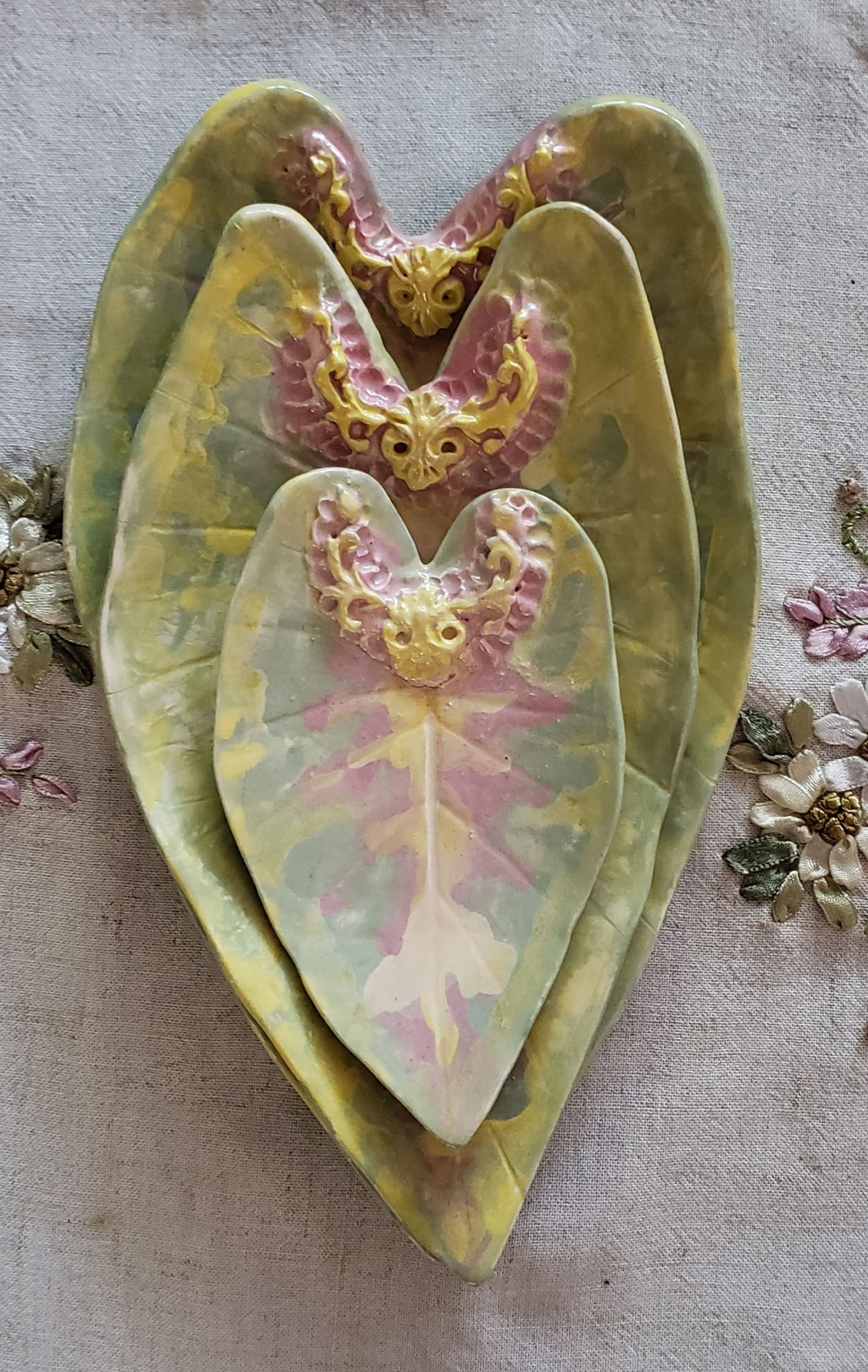 Ceramic Nesting Leaf Plate Set, Three Cottagecore Filigree Appetizer ...