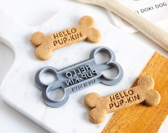 HELLO PUP-KIN Dog Cookie Cutter, Bone Shaped Dog Biscuit Stamp, Halloween Pet Treat, Thanksgiving Dog Gift, Autumn Fall Dog Treats Homemade