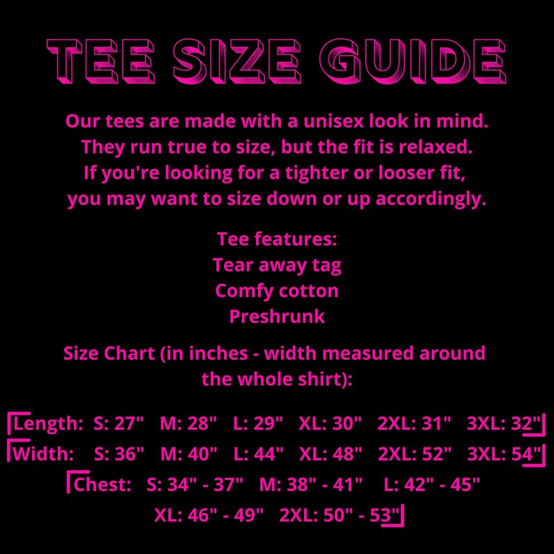 Puede incluir: Una gu&iacute;a de tallas de camiseta rosa y negra con medidas en pulgadas. La gu&iacute;a incluye medidas de longitud, ancho y pecho para las tallas S, M, L, XL, 2XL y 3XL.