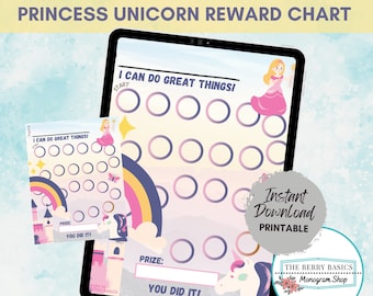 Princess Reward Chart Printable - Unicorn Kids Behavior Chart | Instant Download Sticker Chart | Chore Chart | Princess Behavior Chart