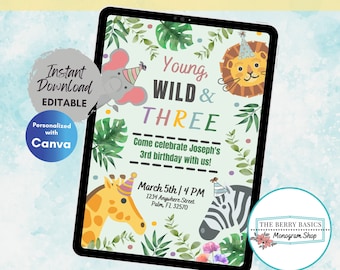 Editable Young Wild Three Birthday Party Invitation Template - Young Wild Birthday Party Third Birthday Party Invite Jungle Party Invite