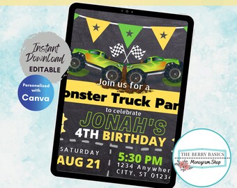 Editable Monster Truck Birthday Party Invitation Template - Monster Truck Birthday Party Fourth Birthday Party Invite Truck Party Invite