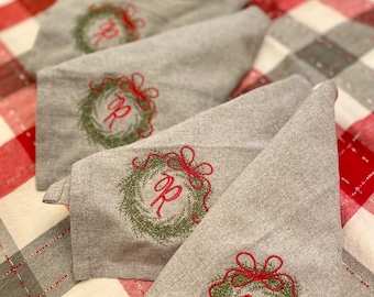 Christmas Wreath Monogrammed Table Napkins