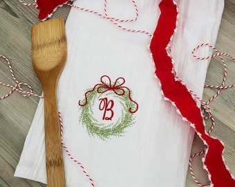 Christmas Wreath Kitchen Towel with Last Initial
