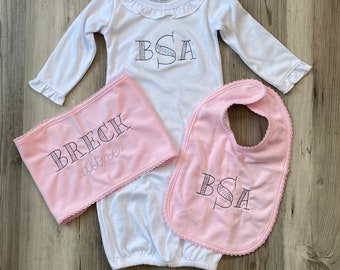 Monogrammed Pink and White Baby Girl Set