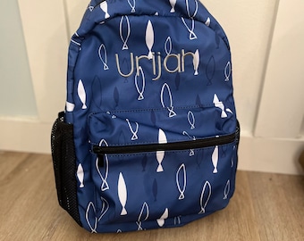 Monogrammed Navy Backpack with Fish Pattern