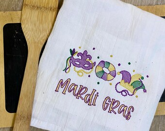 Mardi Gras Monogram Towel - King Cake, Beads, Masquerade