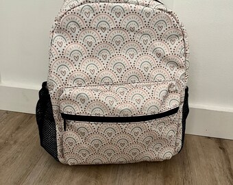 Monogrammed Boho Rainbow Backpack with Heart Pattern