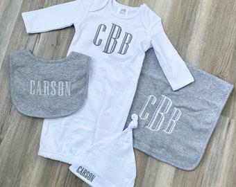 White and Gray Monogrammed Newborn Set
