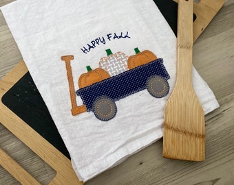 Fall Wagon with Pumpkin Appliqué Kitchen Towel