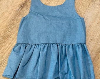 Monogrammed Ruffle Hem Denim Colored Top with Bow Back