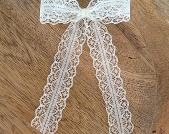 Ivory Lace Long Tail Bow with Alligator Clip
