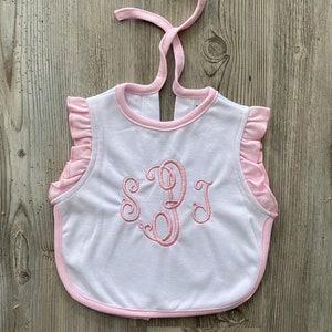 White Apron Bib with Pink Ruffle Sleeves