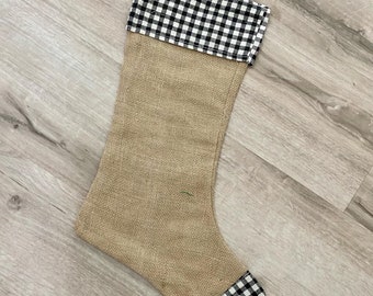 Black and White Check Trim on Burlap Stocking