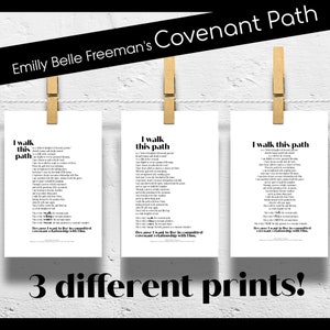 Può includere: Tre disegni di arte da parete stampabili con testo nero su sfondo bianco. Il testo recita "Cammino su questo sentiero" e include una poesia sul camminare su un sentiero con Dio. Il testo in fondo a ogni design recita "Perché voglio vivere in una relazione di alleanza impegnata con Lui."