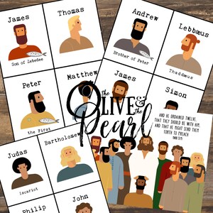 May include: A printable game featuring the names of the 12 disciples of Jesus. The game includes a title card with the words "The Olive & the Pearl" and a scripture verse from Mark 3:11. The game is designed to be played with a group of people.